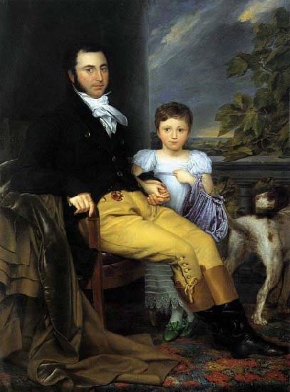 Joseph Denis Odevaere Portrait of a Prominent Gentleman with his Daughter and Hunting Dog oil painting picture